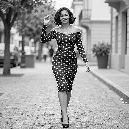 Chic Woman in Polka Dots on Cobblestones