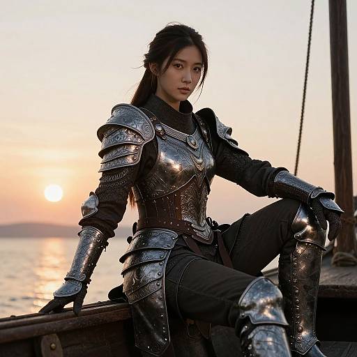 Photorealistic image of an Asian woman in silver, intricately detailed medieval armor, seated on a wooden ship at sunset, with a calm sea and