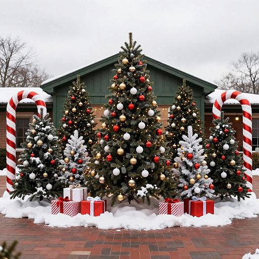 Festive Christmas Display with Trees and Candy Canes