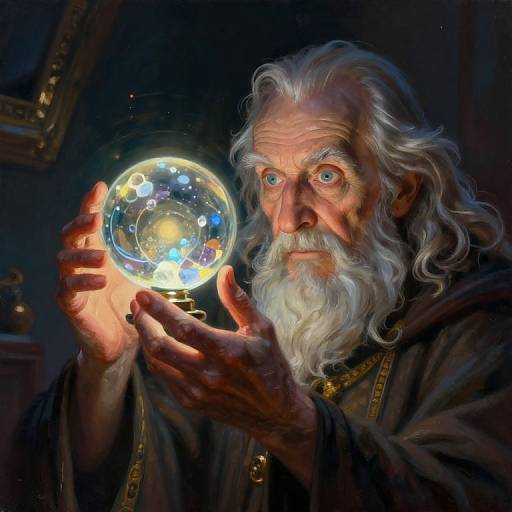 Digital painting of an elderly wizard with white hair and beard, holding a glowing, multicolored crystal orb, illuminated in dark room.