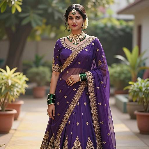 Indian Woman in Purple Saree with Gold Embroidery