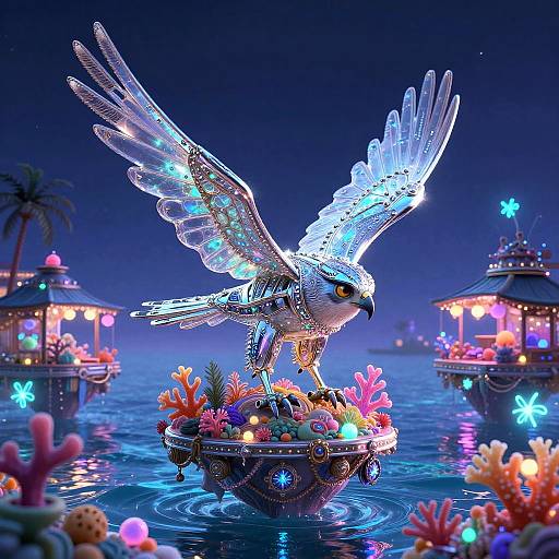 Neon Falconer Over Floating Coral Market