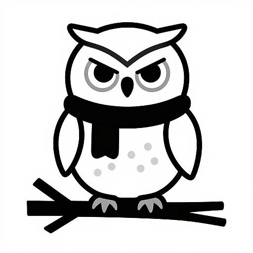 Black and white cartoon owl with angry eyes, black scarf, and perched on a branch, in a bold, minimalist style.