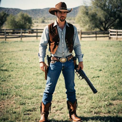 Cowboy in Western Outfit Holding Rifle Outdoors