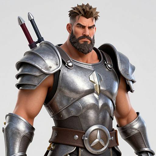 CGI image of a muscular, bearded man with dark hair, wearing shiny silver armor, a belt with a circular emblem, and a sword she
