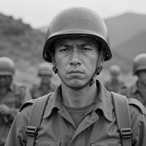Serious Soldier in Rugged Landscape