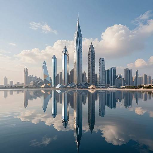 Photograph of a futuristic city skyline with tall, reflective skyscrapers mirrored in a calm, glass-like water surface under a bright blue sky with scattered