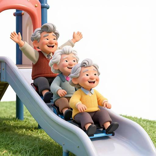Joyful Elderly Pixar-Style Slide Ride