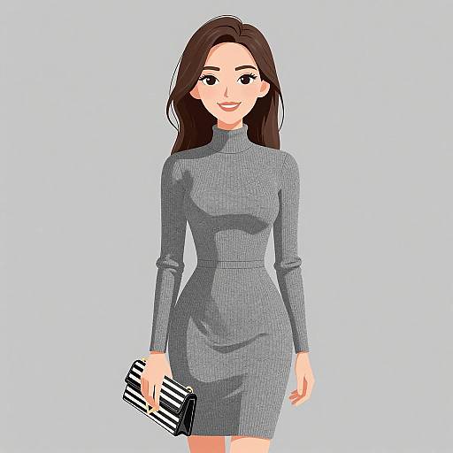 Digital illustration of a smiling woman with long brown hair, wearing a tight, gray, long-sleeve turtleneck dress, holding a black and