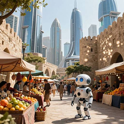 Photograph of a bustling outdoor market with a white robot with blue eyes in the foreground, surrounded by colorful fruit stalls and towering modern skyscrapers in