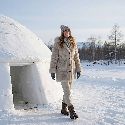 Photograph of a smiling woman in a beige fur coat, white pants, knit hat, and gloves, standing near a snow-covered igloo in a
