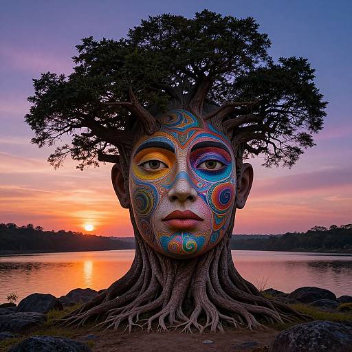 Photograph of a surreal tree face with vibrant, swirling painted eyes and nose, rooted in a rocky shore, set against a vivid sunset over a calm