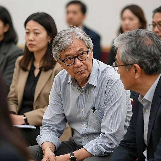 Middle-aged Asian Man Talking in Meeting