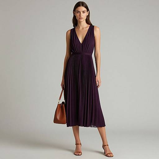 Photograph of a slender woman with long dark hair, wearing a sleeveless, deep V-neck, black pleated midi dress and brown sandals, holding