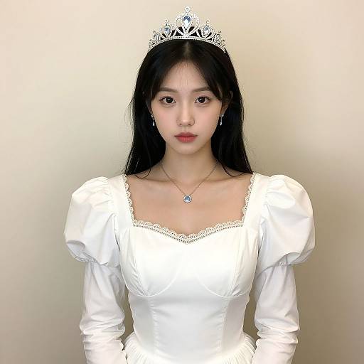 Photograph of an East Asian woman with long black hair, wearing a white satin princess dress, puffed sleeves, tiara, and necklace, against