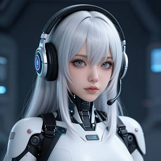 CGI image of a fair-skinned, blue-eyed, silver-haired woman in a futuristic white and black cybernetic suit with headphones, set in