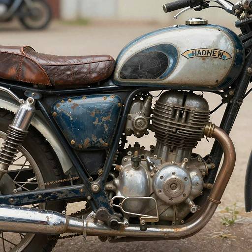 Photograph of a vintage, weathered Honda motorcycle with a worn brown leather seat, rusted blue and silver engine, and exposed metal exhaust. Background