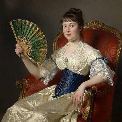 Portrait of a pale-skinned woman with dark hair in an updo, wearing a gold satin dress with blue corset, holding a green and gold