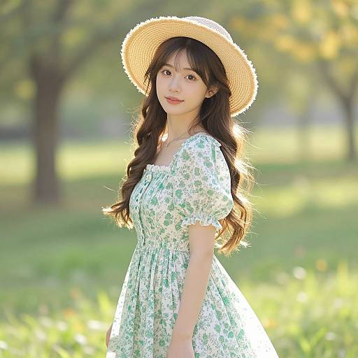 Young Woman in Floral Dress and Straw Hat in Meadow