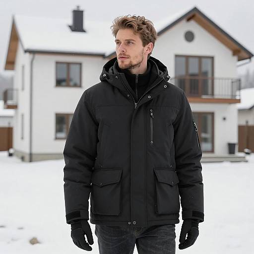 Confident Man in Snowy Architectural Setting