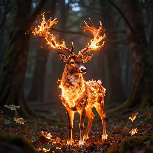 Fiery Horned Stag in Enchanted Forest