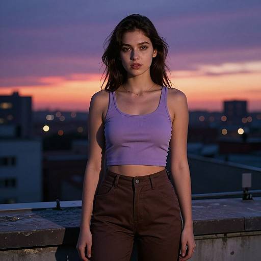 Photograph of a young woman with dark hair, wearing a purple tank top and brown pants, standing on a rooftop at sunset, with a colorful sky