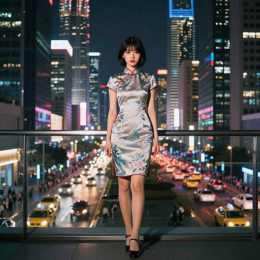 Photograph of an Asian woman in a silver, floral-patterned cheongsam standing on a rooftop, overlooking a vibrant, neon-lit city street