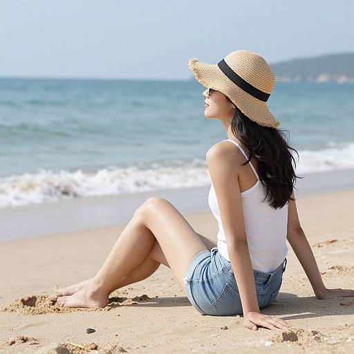 Photograph of a young woman with tan skin, black hair, wearing a white tank top, denim shorts, and straw hat, sitting on a sandy