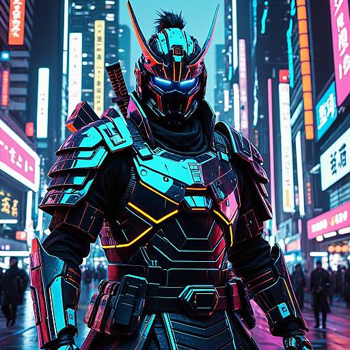 Cybernetic Samurai in Neon Cityscape
