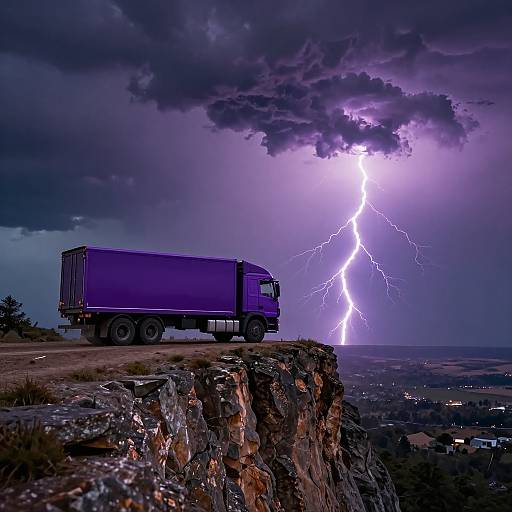 Photograph: A purple truck on a rocky cliff under a dramatic, lightning-filled purple and black sky, with a distant cityscape below.