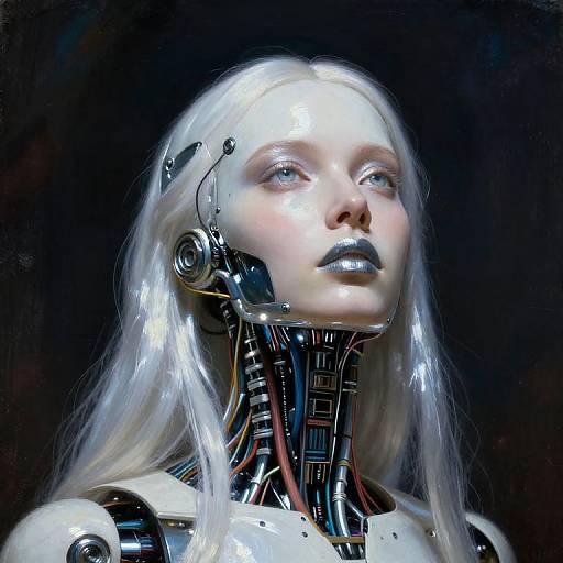 Photorealistic CGI of a cybernetic woman with silver hair, metallic face, exposed neck mechanisms, and black lips, set against a dark background