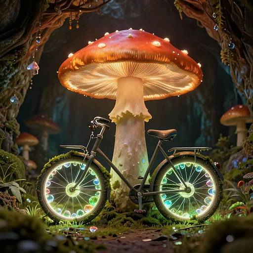 Photorealistic digital art of a glowing bicycle beneath a giant, fairy-lit mushroom in a dark, enchanted forest.