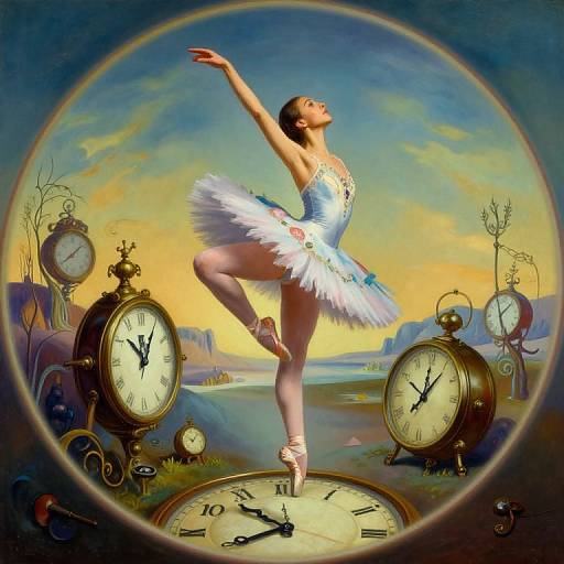 Surreal Ballet Over Whimsical Clockscape