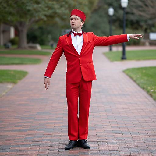 Photograph of a young man in a bright red suit, bow tie, and matching beret, standing on a brick path, arm extended, with