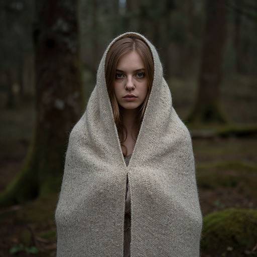 Photograph of a young woman with pale skin and brown hair, wrapped in a thick, white woolen hooded cloak, standing in a dark,