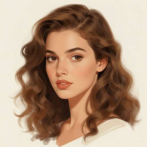 Digital portrait of a beautiful woman with wavy brown hair, fair skin, brown eyes, and red lips, wearing a white top, against a white