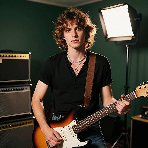 Photograph of a young man with wavy brown hair, wearing a black shirt and necklace, playing a sunburst electric guitar in a green-walled
