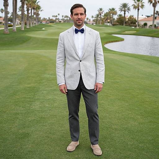 Photograph of a bearded man in a white blazer, navy bow tie, dark pants, and beige shoes standing on a lush, palm-lined