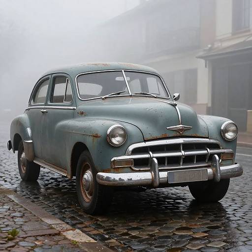 Photograph of a vintage, weathered, blue classic car with chrome accents parked on a misty, cobblestone street, fog obscuring background