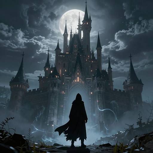 Digital artwork of a silhouetted figure in a long cloak facing a gothic, moonlit castle with spires and glowing windows.