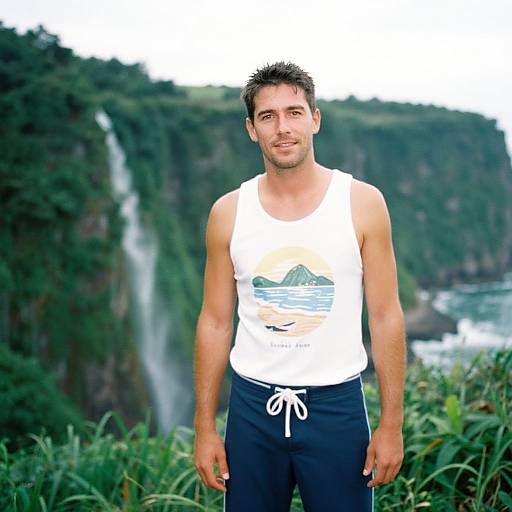 Photograph of a young, muscular man with short dark hair, wearing a white tank top with mountain graphic and black shorts, standing in front of a