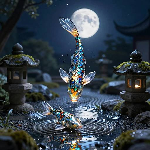 Glowing Stained-Glass Koi in Moonlit Zen Garden