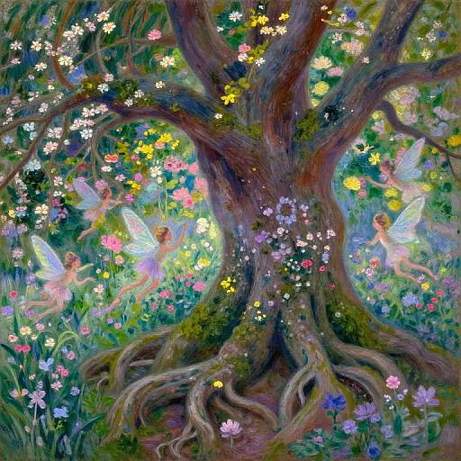 Whimsical painting of two fairies with translucent wings, surrounded by vibrant flowers, under a large, twisted, magical tree in a colorful forest.