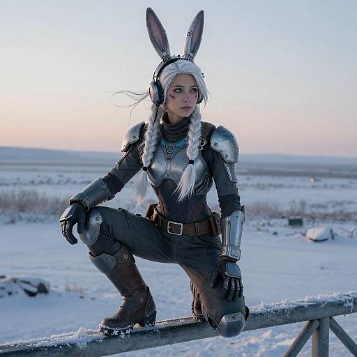 Futuristic Arctic Vigilante Woman with Mechanical Rabbit Ears