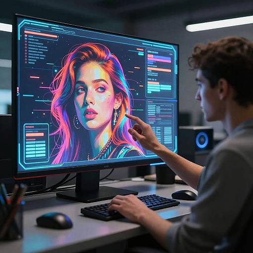 Photograph of a young man with curly brown hair, editing a vibrant, neon-lit digital portrait of a woman with red hair on a computer monitor