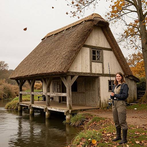 Vintage Boathouse by Autumn Riverbank