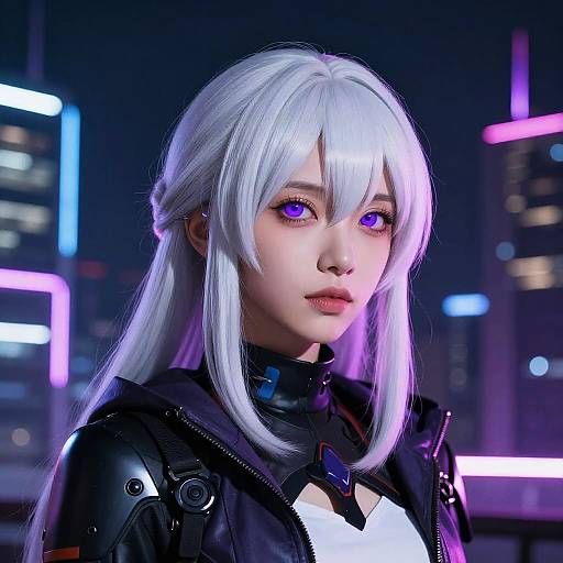 CGI anime-style portrait of a young woman with silver hair, purple eyes, and black leather jacket, set against a neon-lit cityscape background