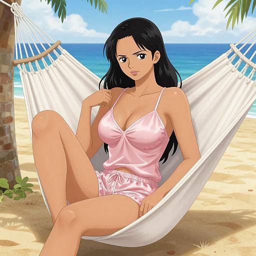 Digital anime-style illustration of a tan-skinned woman with long black hair, wearing a pink camisole and shorts, lounging in a white hamm