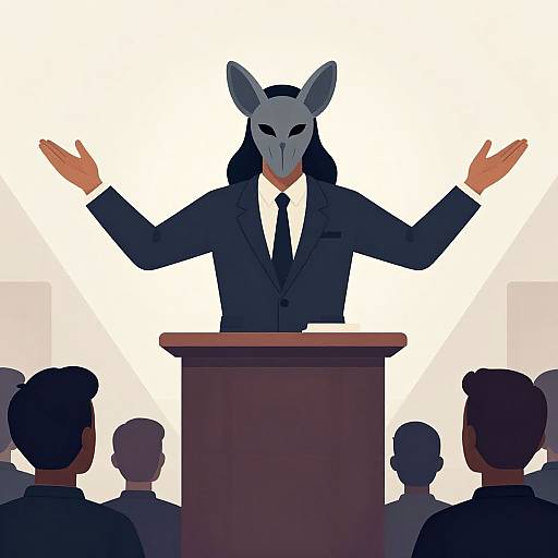 Digital illustration of a mysterious figure in a black suit and tie, wearing a gray, masked, wolf-like face, speaking at a wooden podium with arms