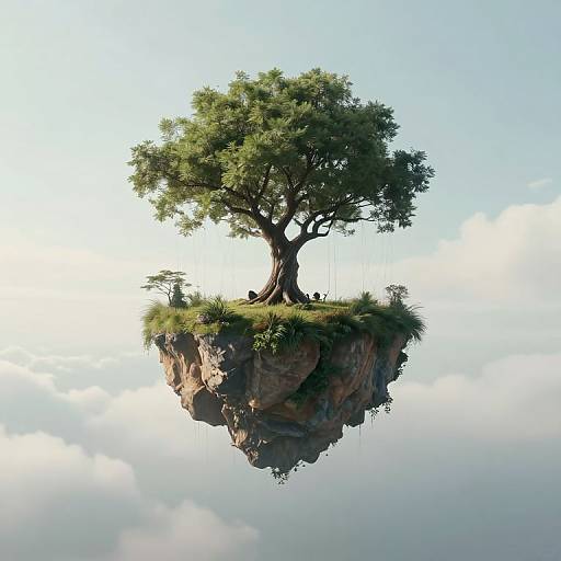 Photorealistic CGI of a large tree with lush green leaves, standing on a floating rocky island in a bright, cloudy sky.